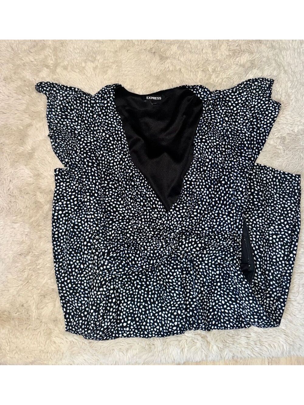 Express Black White Polka Dot Wrap Midi Dress XS Flutter Sleeve V-Neck